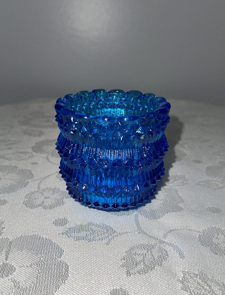 Vintage Faroy USA Diamond Cut Blue Glass Votive Tealight Candle Holder