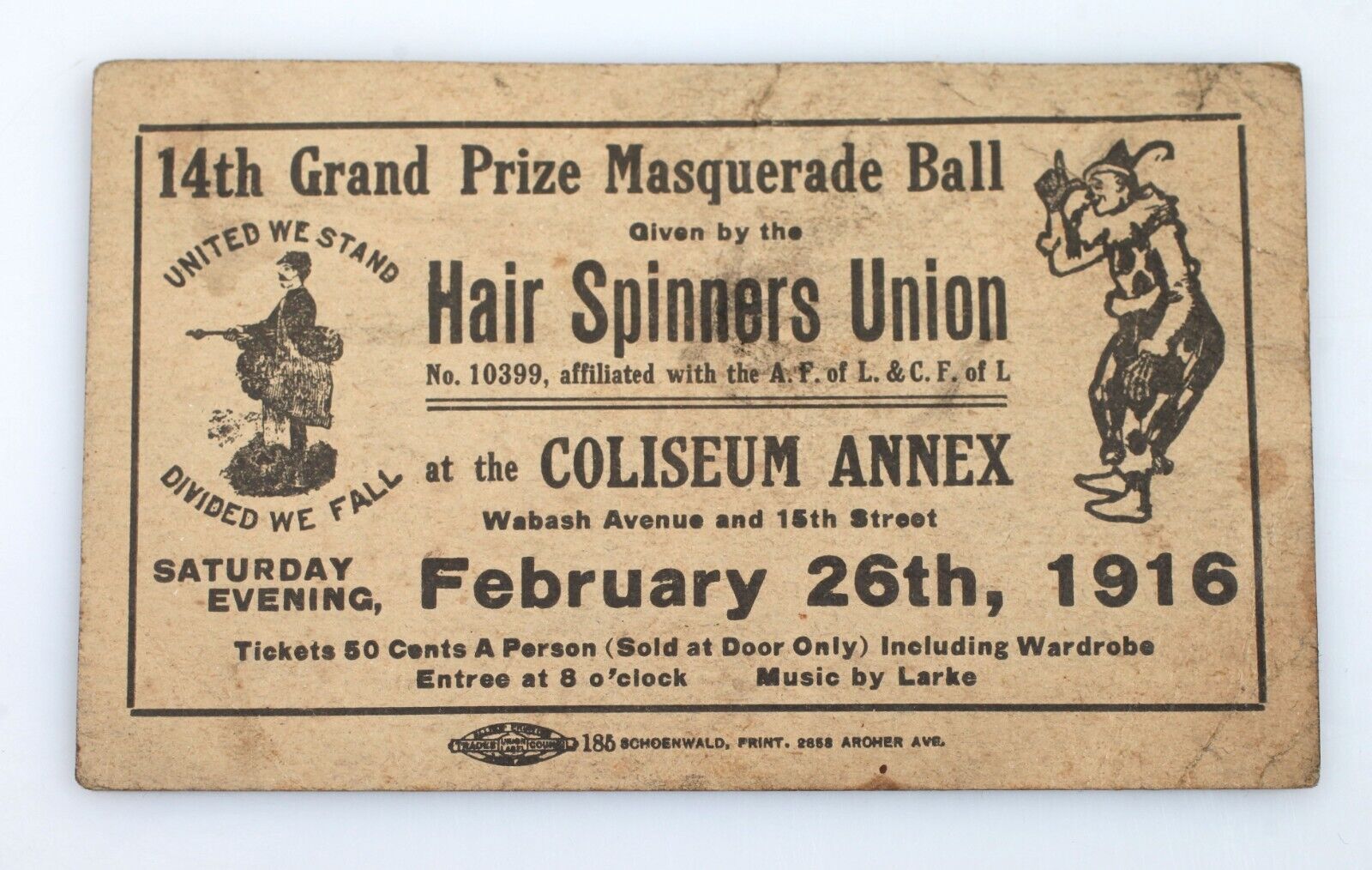 Vintage Chicago Dance Ad Card 1916 Hair Spinners Union Masquerade Ball Coliseum