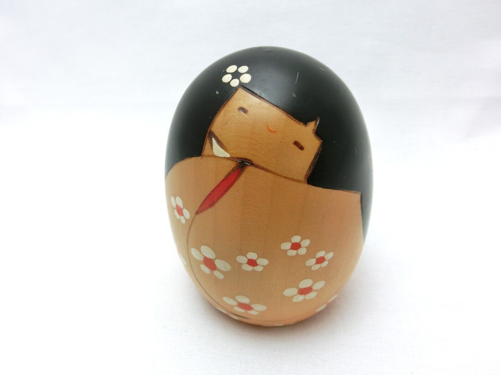 Vintage Usaburo Kokeshi Doll Signed 4” Sosaku Egg Shape Happiness Japan
