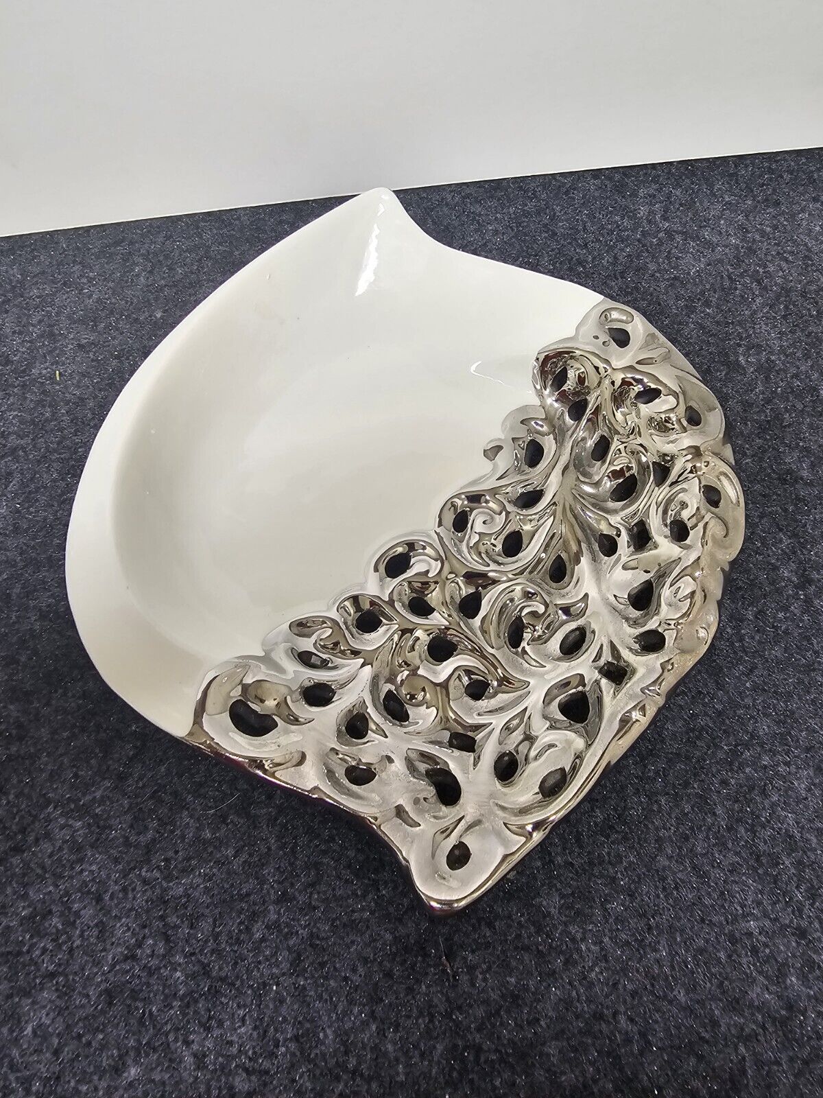 Vintage Silver Plated White Ceramic Porcelin Candy Dish