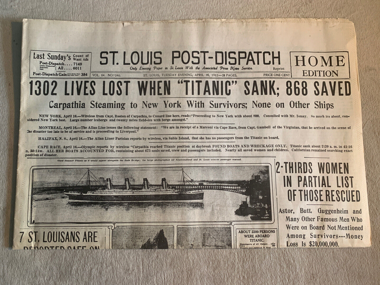 Titanic Newspaper Headline St Louis Post-Dispatch April 16 1912 Historic Reprint