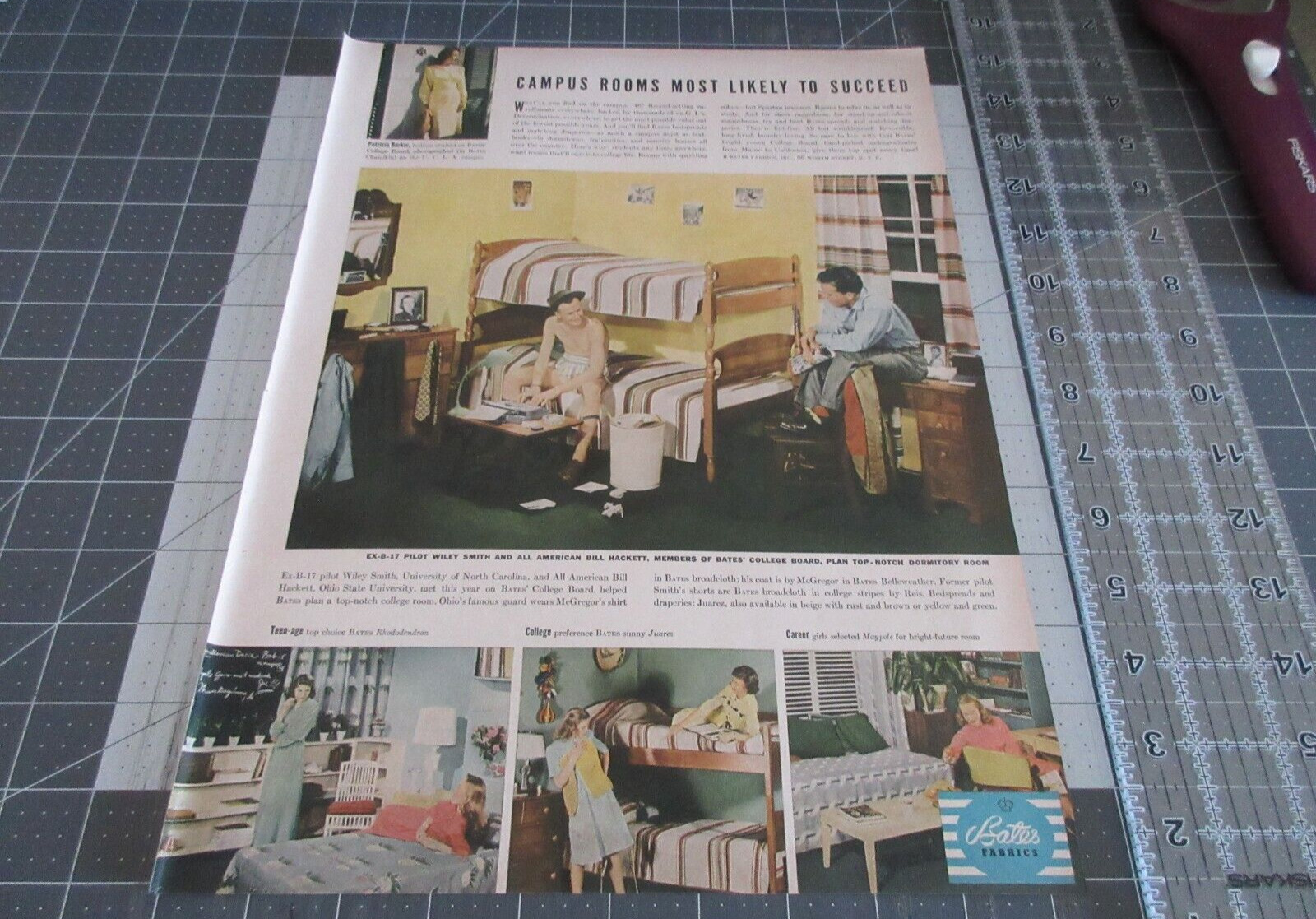 1946 Bates Fabrics Campus Dorm Room College School Vintage Print Ad
