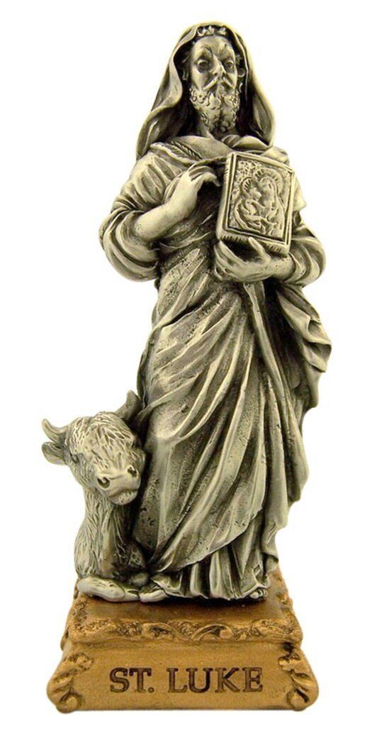 Pewter Saint St Luke Figurine Statue on Gold Tone Base, 4 1/2 Inch