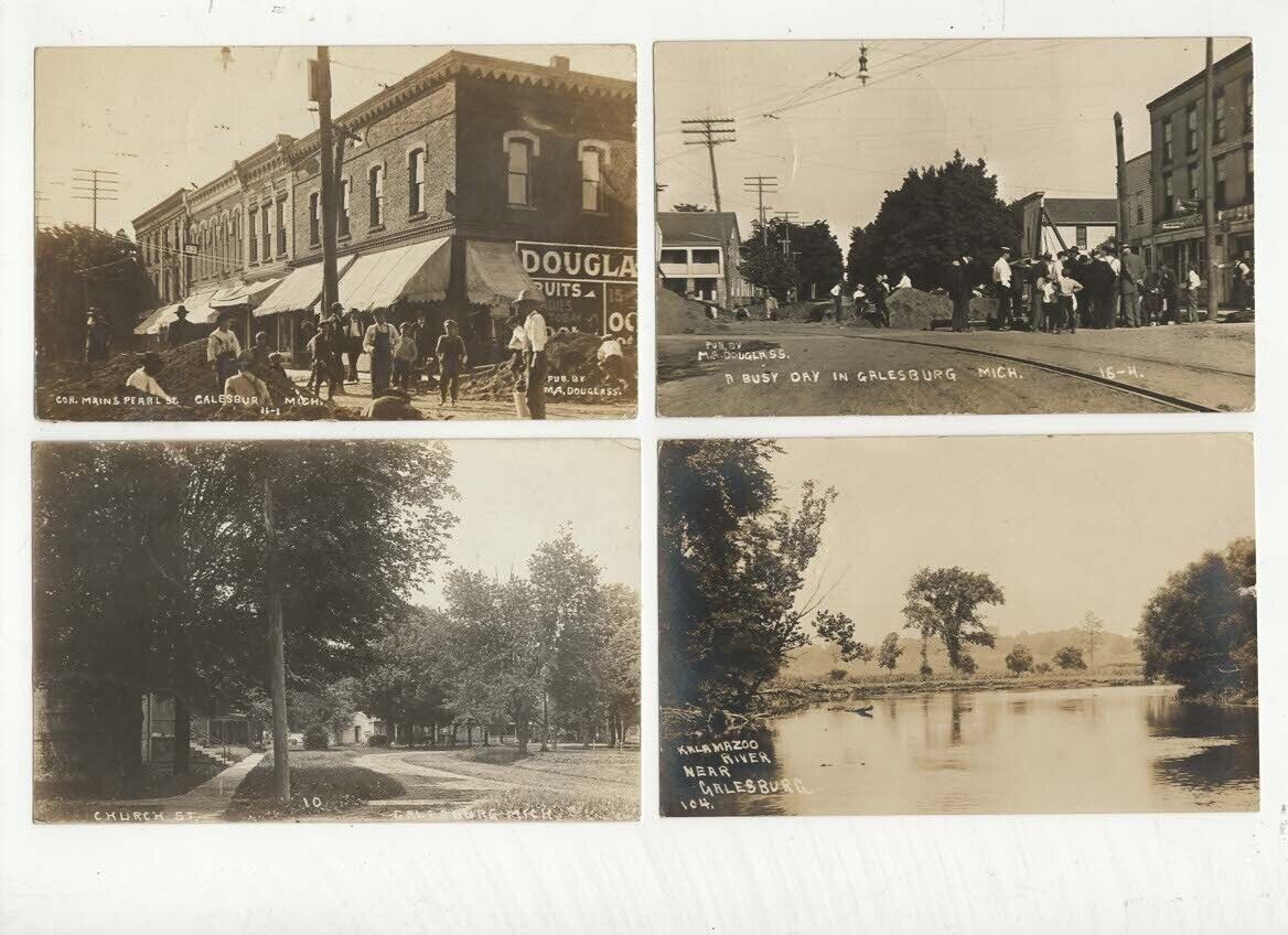 4 RPPC Photo Postcards Views of Galesburg Michigan 1908, 1912, 1918