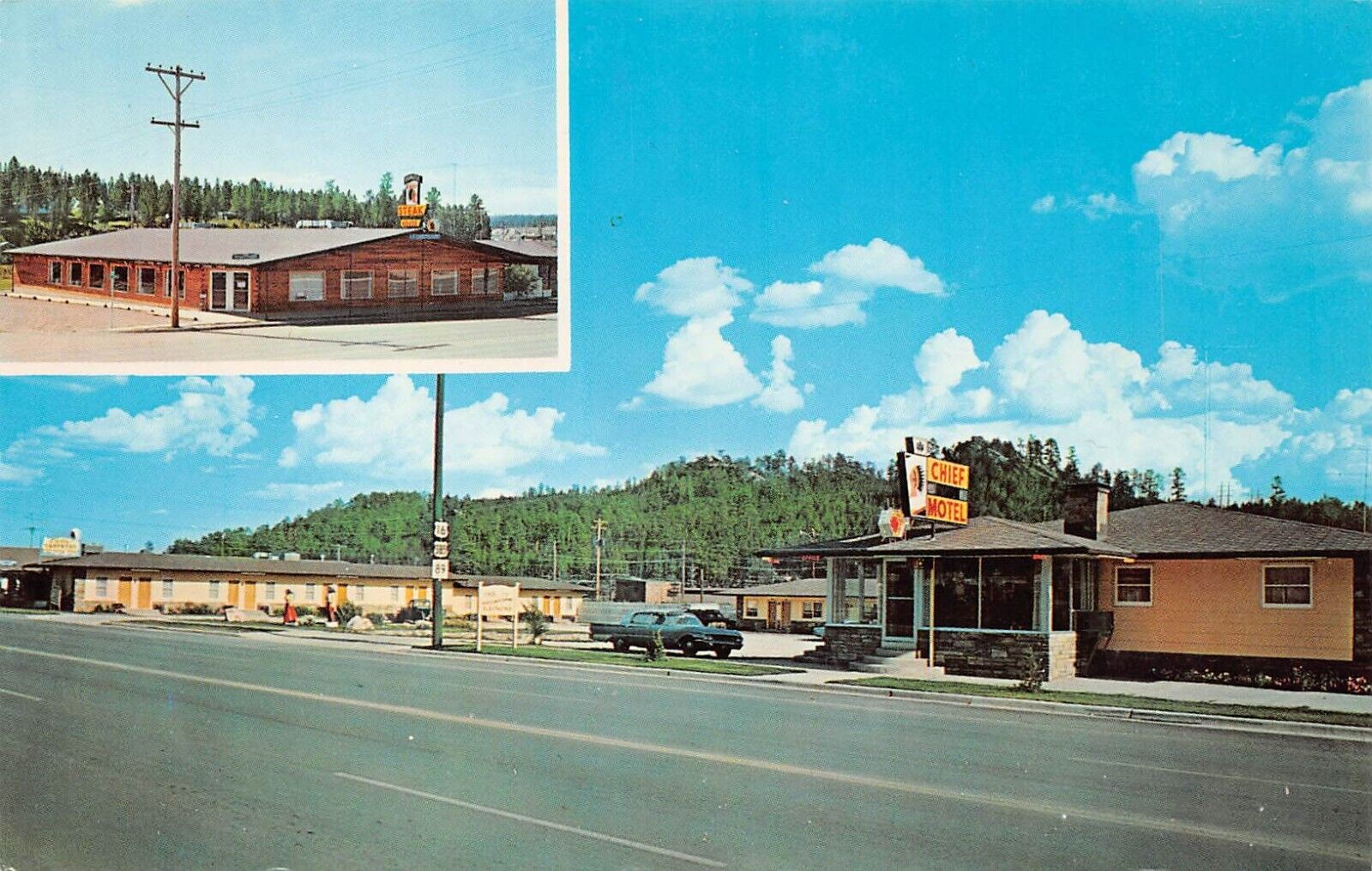 Custer SD South Dakota Chief Motel Restaurant Rushmore Rd Retro Vtg Postcard V1