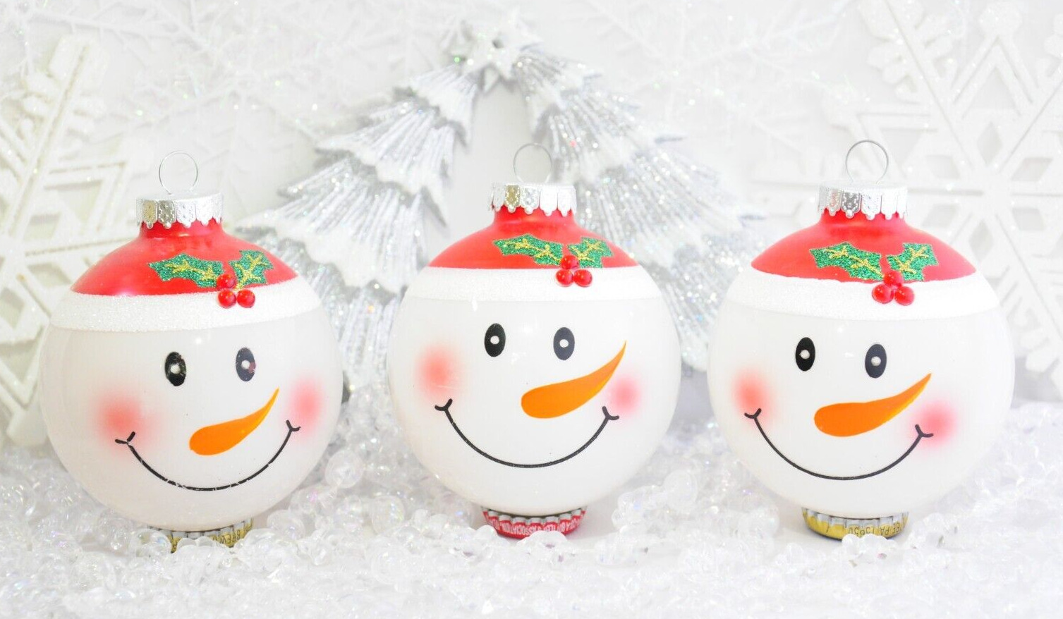 Trio Jolly Happy Face Snowmen Glass Christmas Ornaments