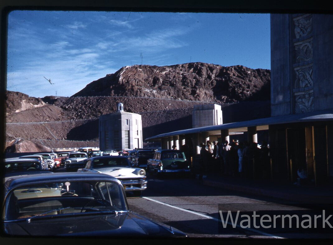 1959 kodachrome Photo slide  Cars at dam  Station Wagon