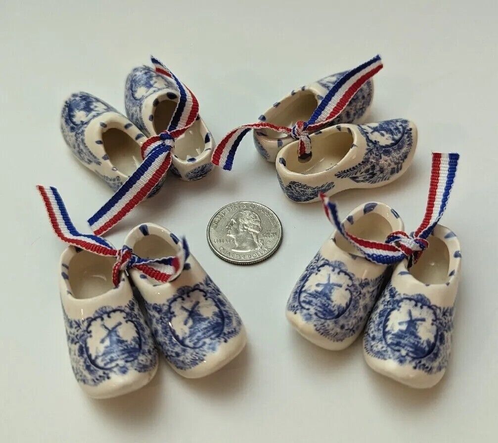 Set 4 Vtg Delft Blue Miniature Ceramic Pottery Dutch Clogs Shoes Signed New