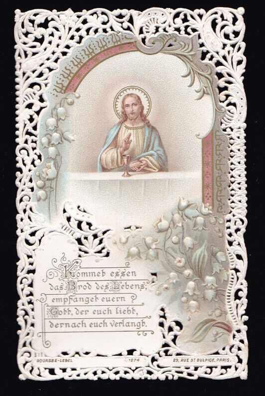 Antique Late 1800\'s Colorful Paper Lace Edge Holy Card w/ Jesus - Paris, France