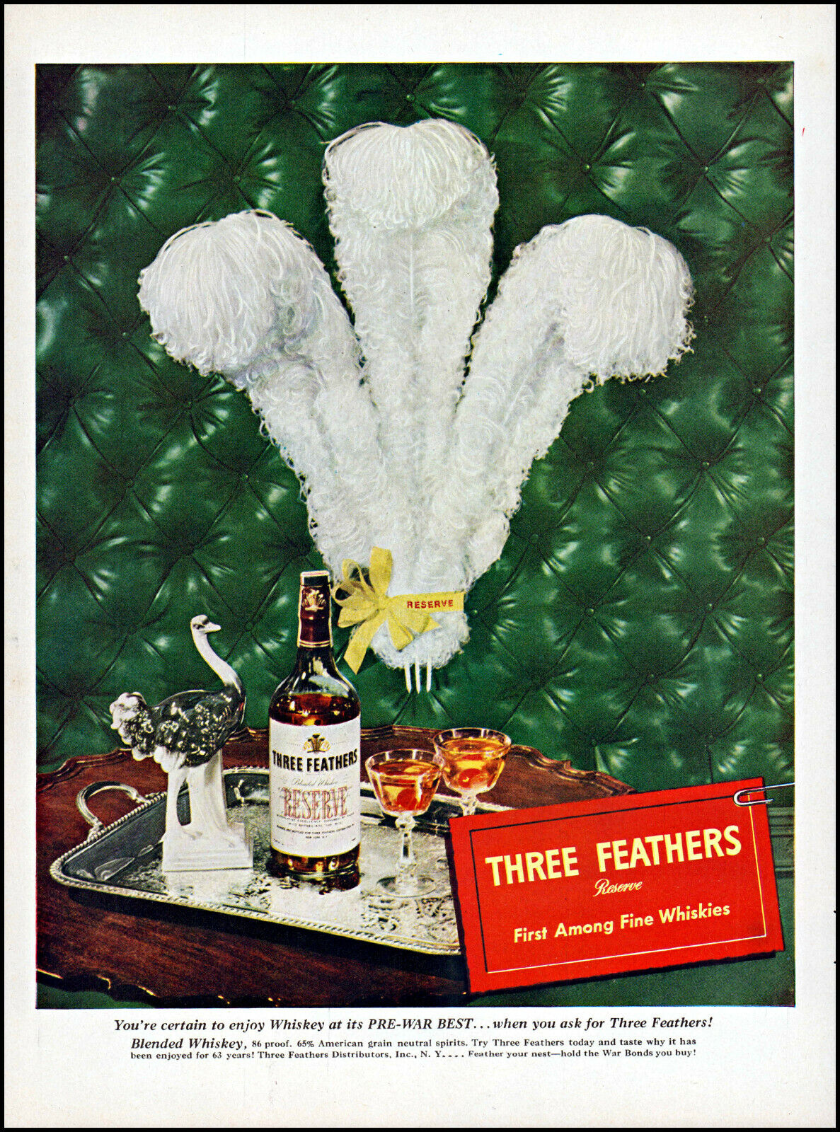 1945 Three Feathers Reserve Whiskey pre ww2 best vintage photo print Ad adL52