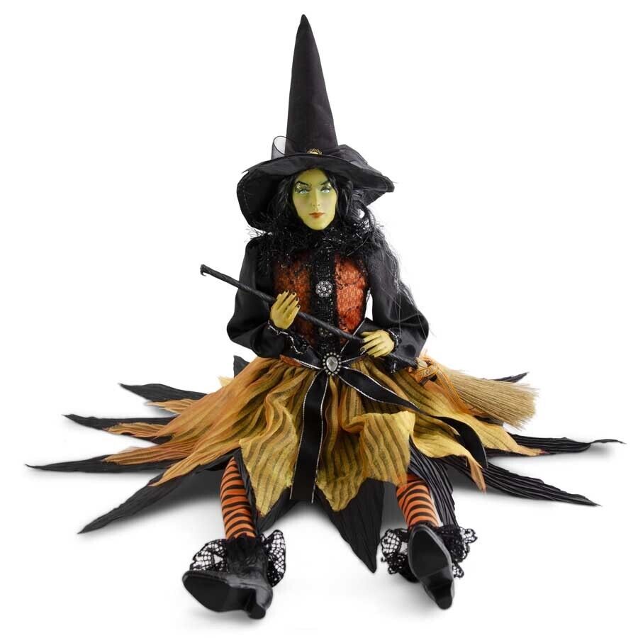 Halloween Victorian Witch Shelf Sitter Doll Figure Black Orange Dress 28\