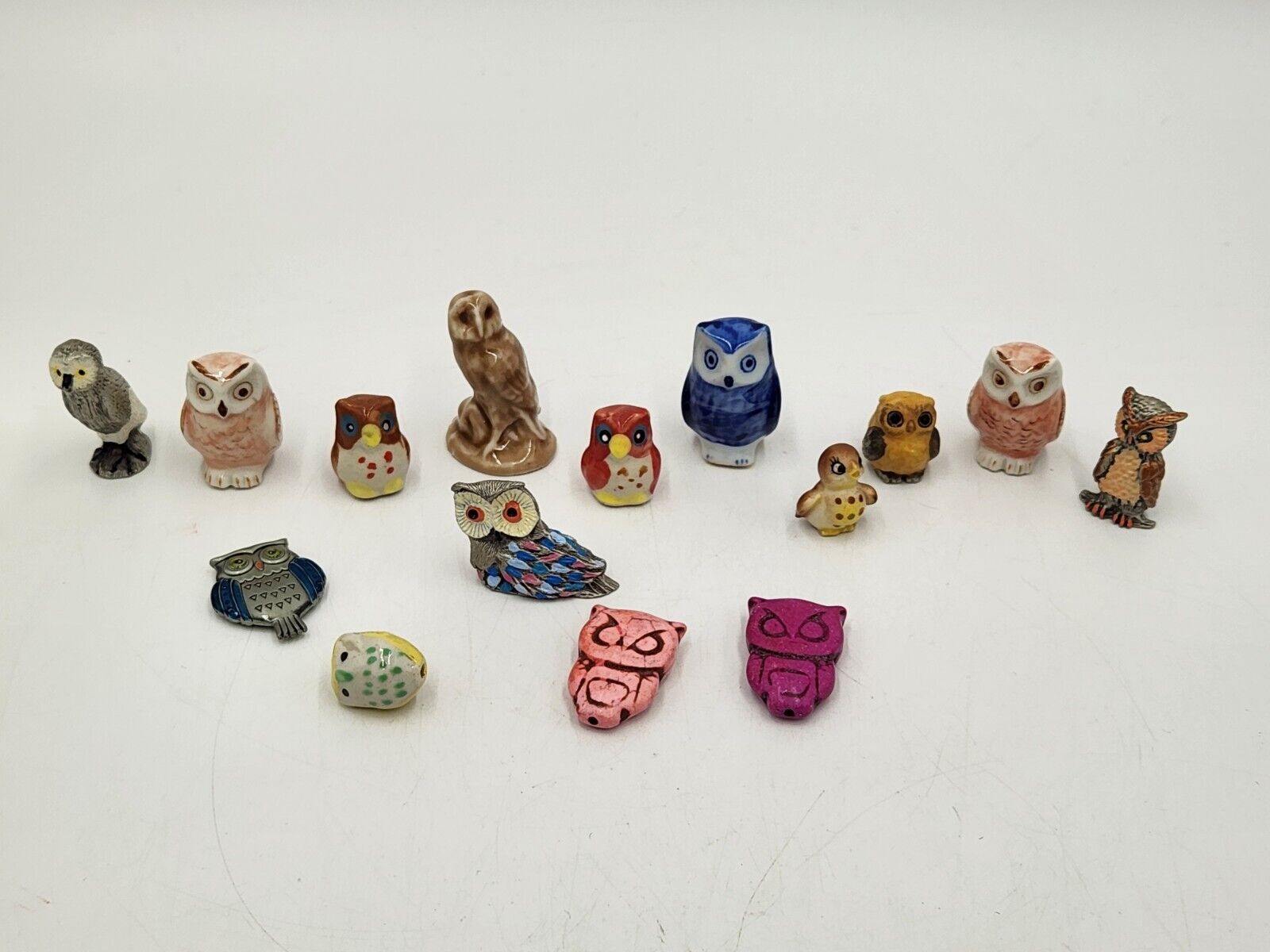 Vintage Lot of 15 Owls Ceramic Miniature Figurines and Owl Beads Mixed Lot