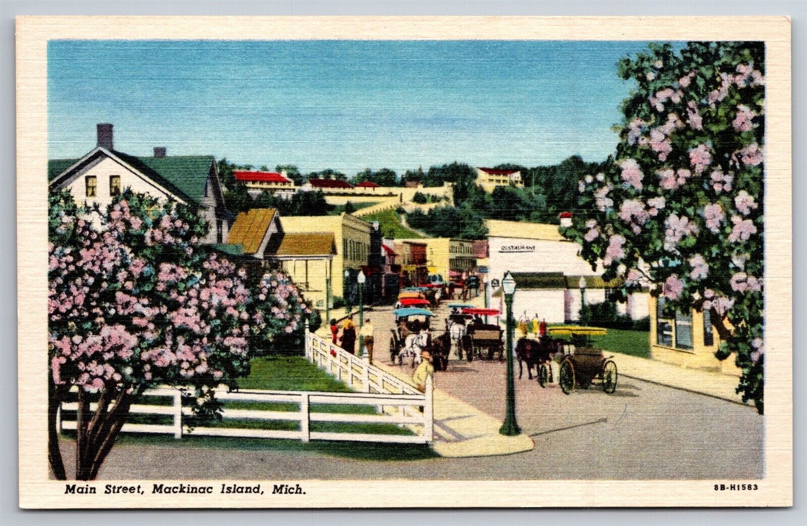 Main Street Mackinac Island Resort Community Horse & Carriages MI Postcard S1