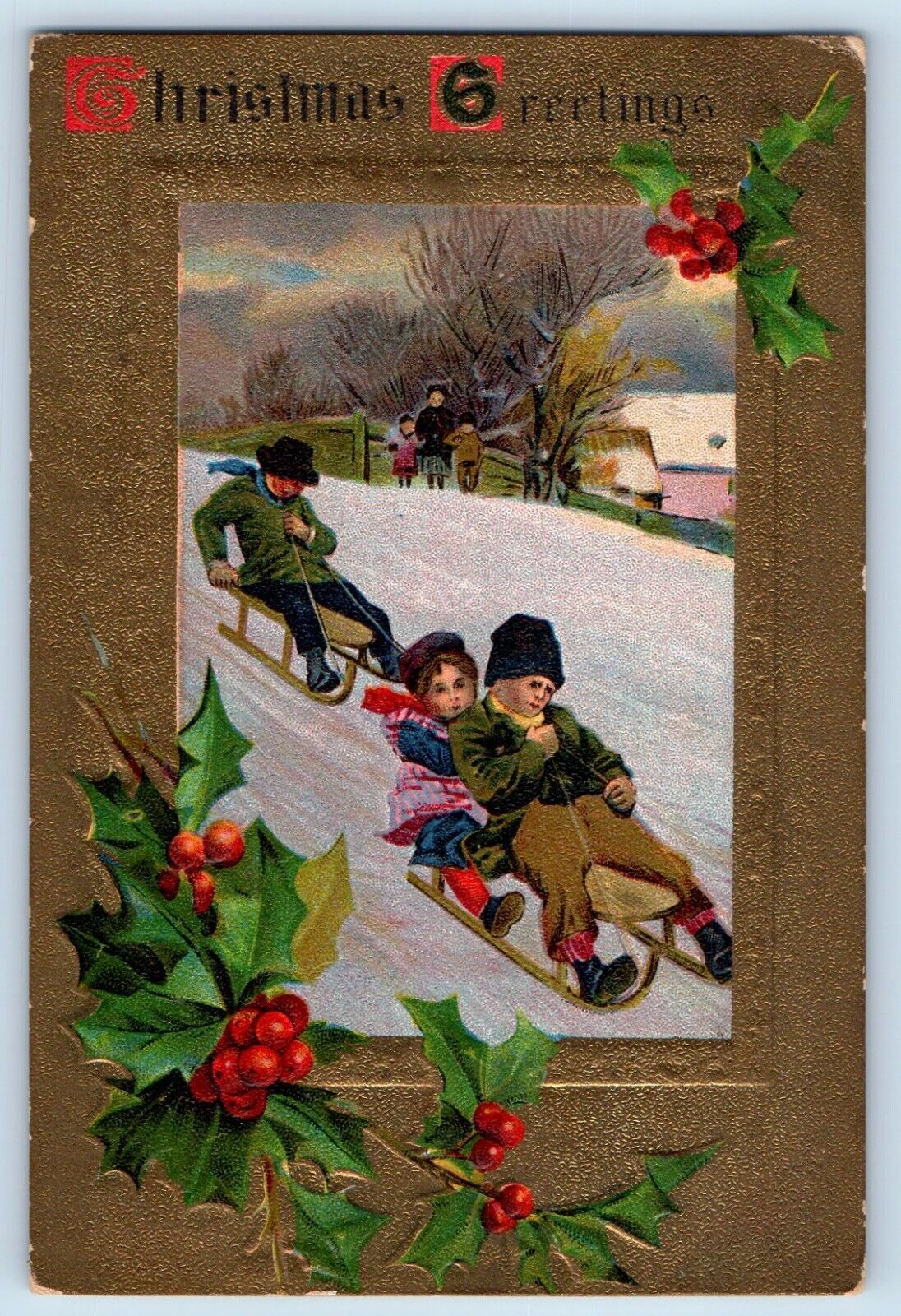 Duluth Minnesota MN Postcard Christmas Greetings Childrens Sledding Winter 1911