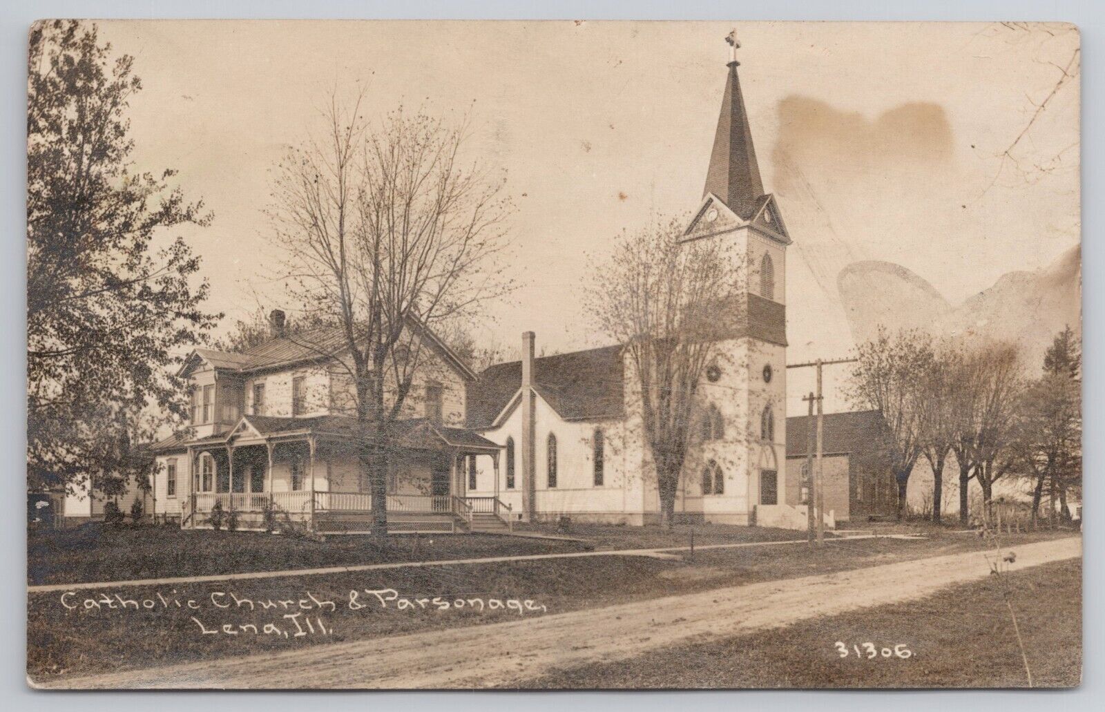 RPPC St Joseph's Catholic Church and Parsonage Lena IL 1916 Real Photo Postcard