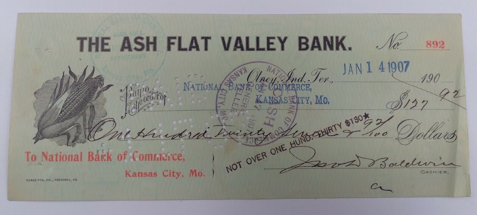 Canceled Check from Olney, Indian Territory (Oklahoma). The Ash Flat Valley Bank