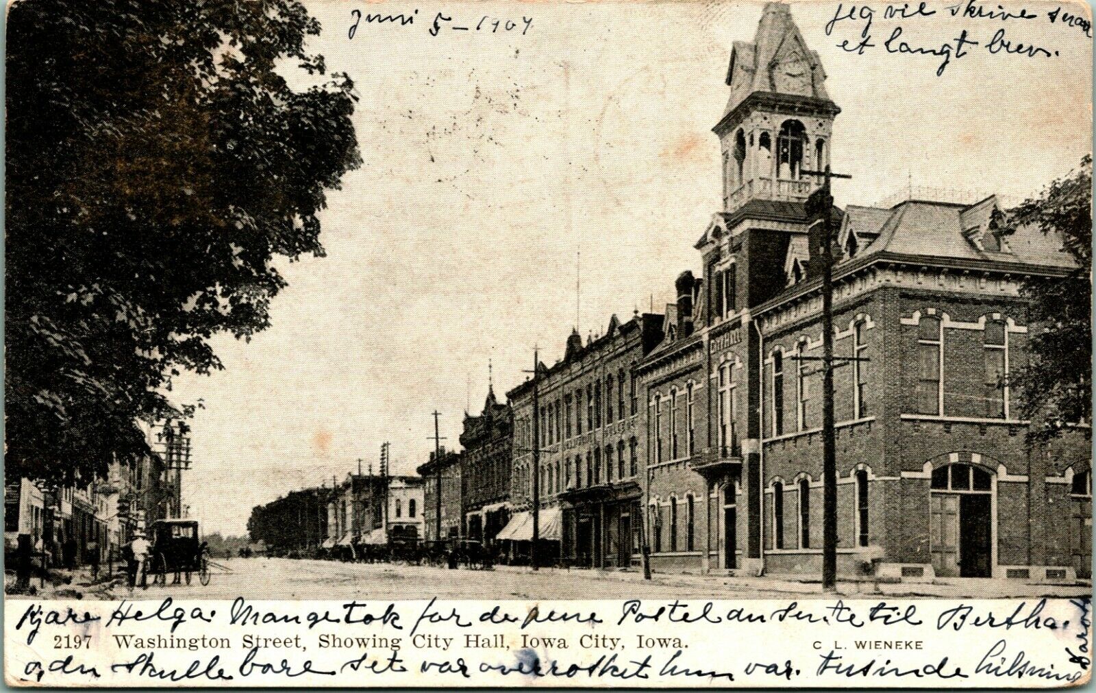 Washington Street View City Hall Iowa City IA 1907 UDB Postcard