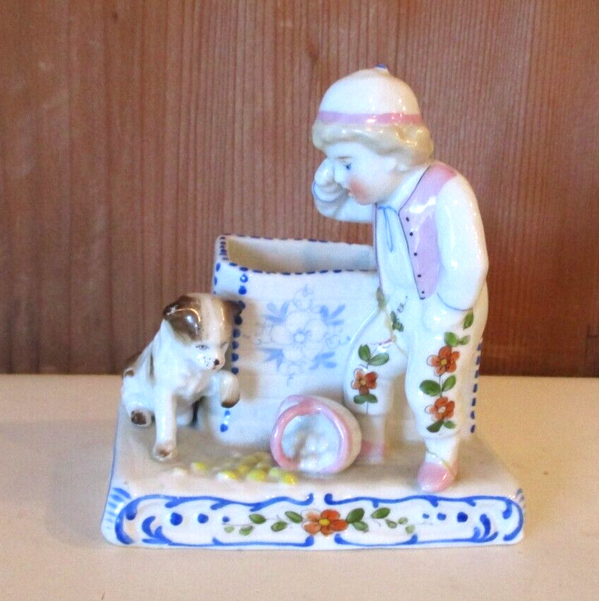 Antique French Porcelain Toothpick Holder Boy with Dog & Basket of Spilled Eggs