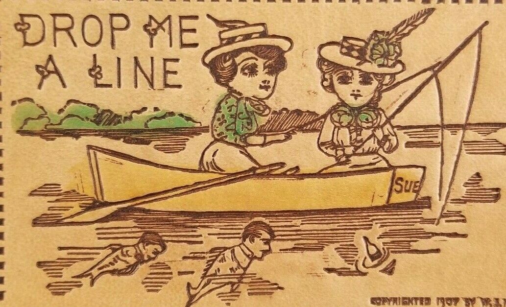 Vintage 1907 Drop Me A Line Women Canoe Fishing For Men Leather Postcard