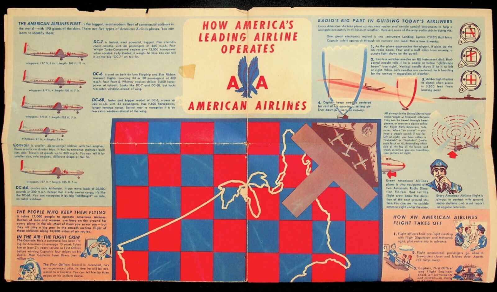 1955 AMERICAN AIRLINES GAME MAP OF DESTINATIONS & HOW THEY OPERATE - E15-J