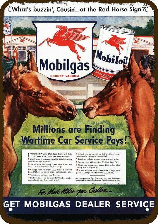 1942 MOBIL GAS & OIL Horses Vintage-Look DECORATIVE REPLICA METAL SIGN