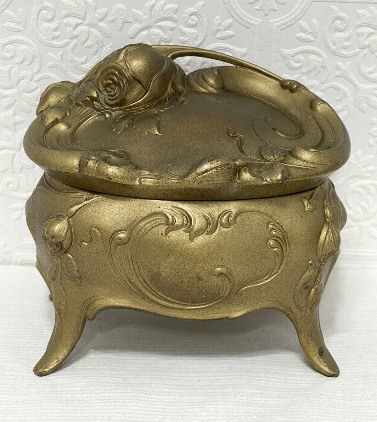 Antique Art Nouveau 1890-1900's Jewelry Box Hinged Lid Spelter Bronze Overlay