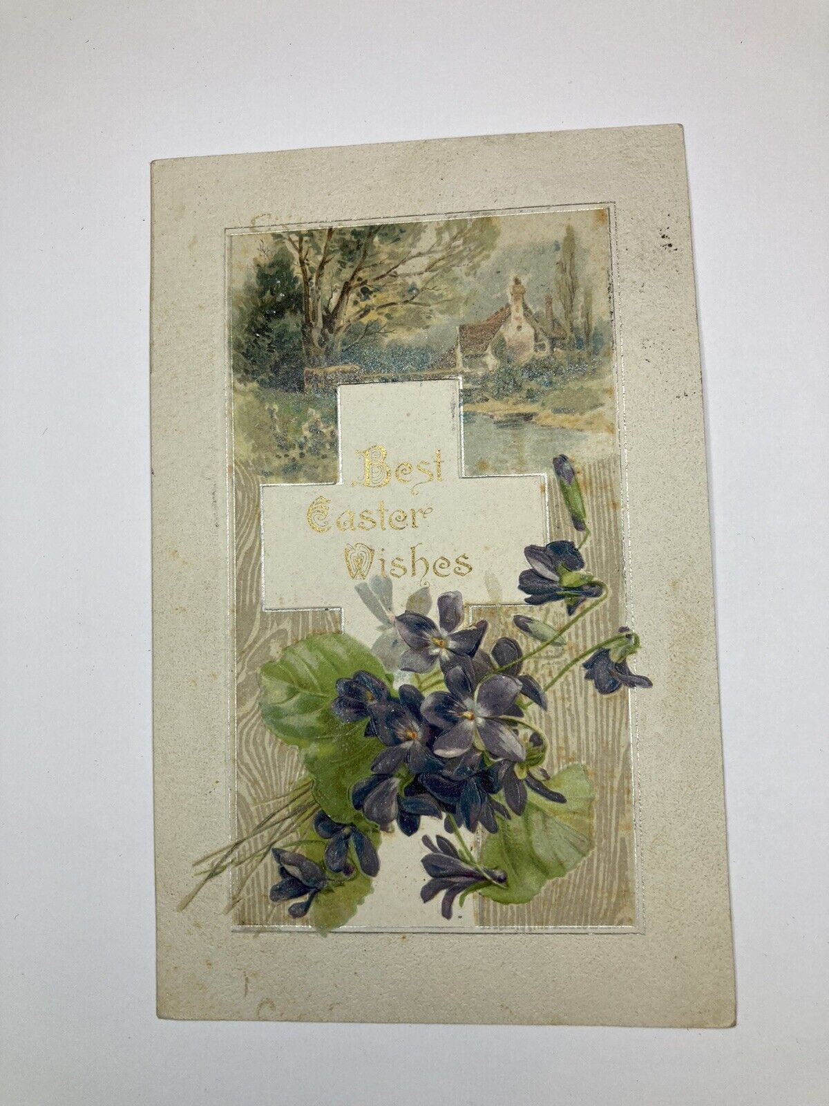 c1908 Best Easter Wishes Flowers & Cross Are Embossed ANTIQUE Postcard