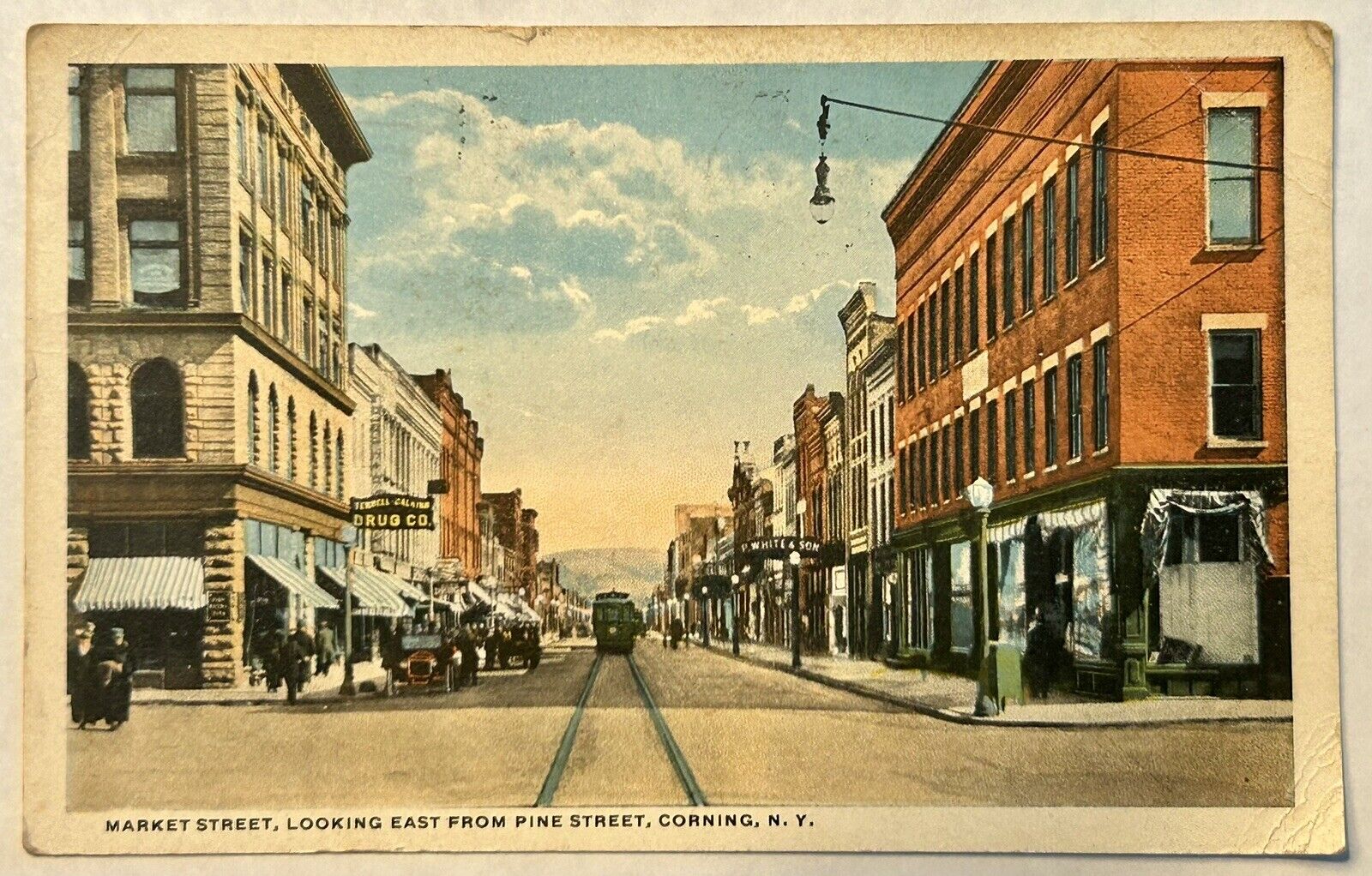 Corning New York. NY. Market And Pine Street. 1917 Drugstore Vintage Postcard