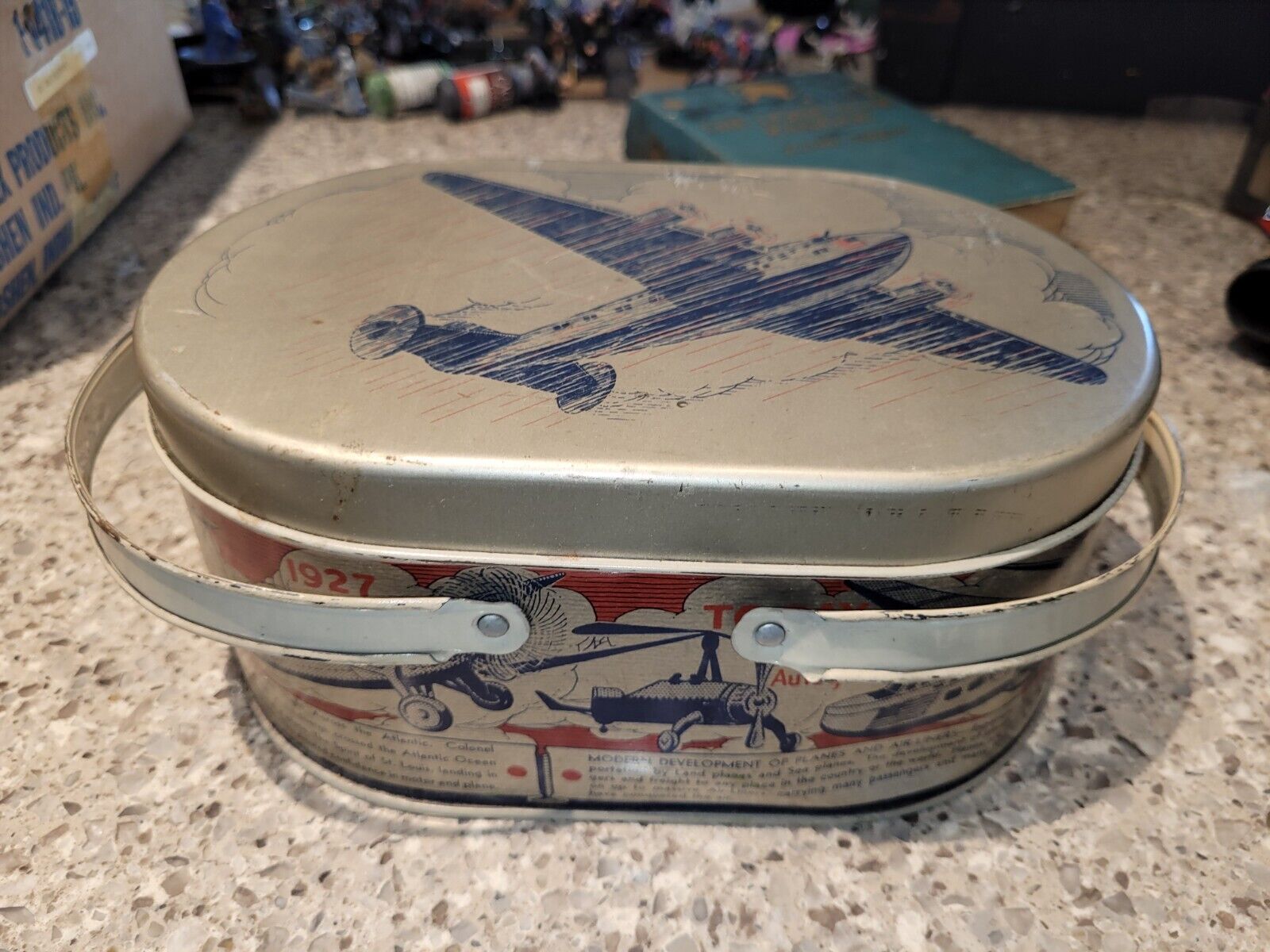 Metal Tin Airplane Aviation Lunch Box Tote 1930s Wright Brothers Lindbergh Plane