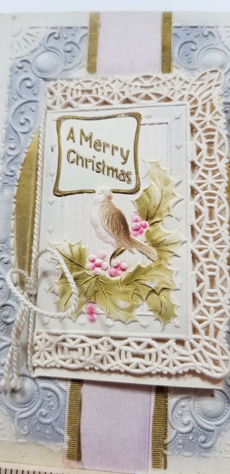 Antique 1910s CHRISTMAS GREETINGS Paper Lace CARD HYBRID FOLDOUT Ribbon  A4