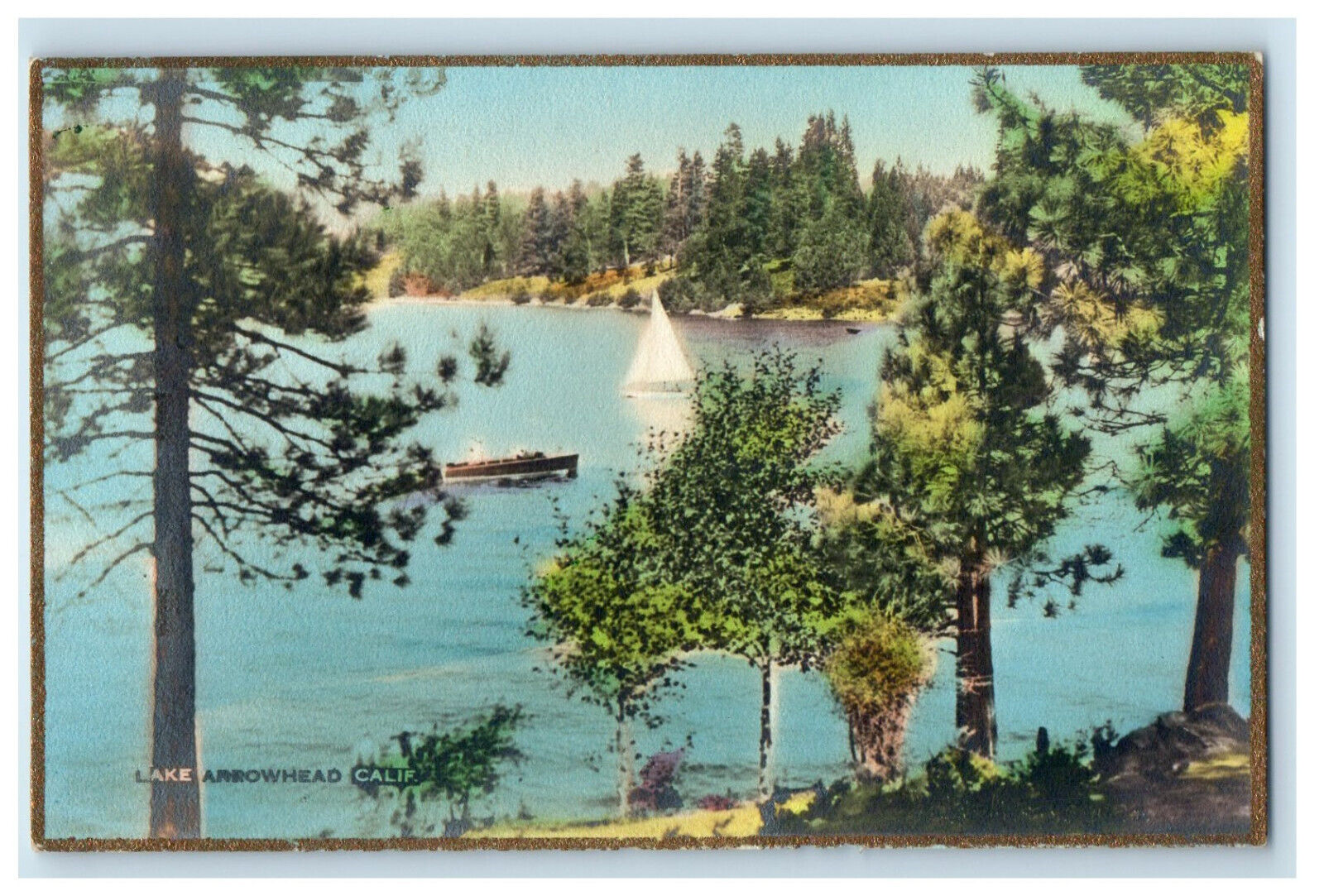 1936 Scene of Boat, Lake Arrowhead California CA Vintage Posted Postcard