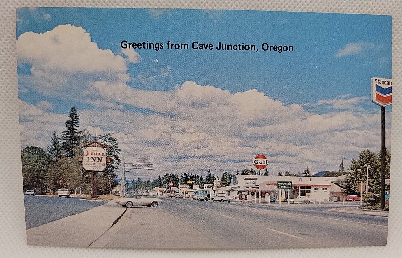 Vintage Postcard Highway U.S, Route 199 Redwoods Cave Junction Oregon Old Cars