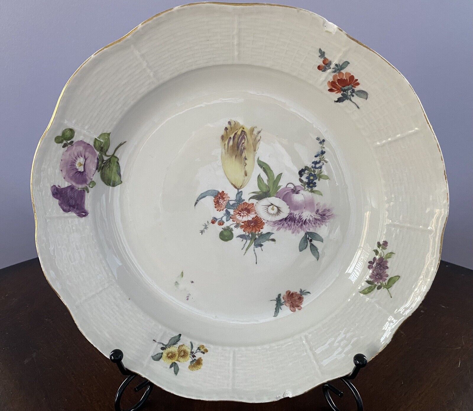 Antique Meissen Hand-Painted Floral Plate, Approx. Mid 18th Century