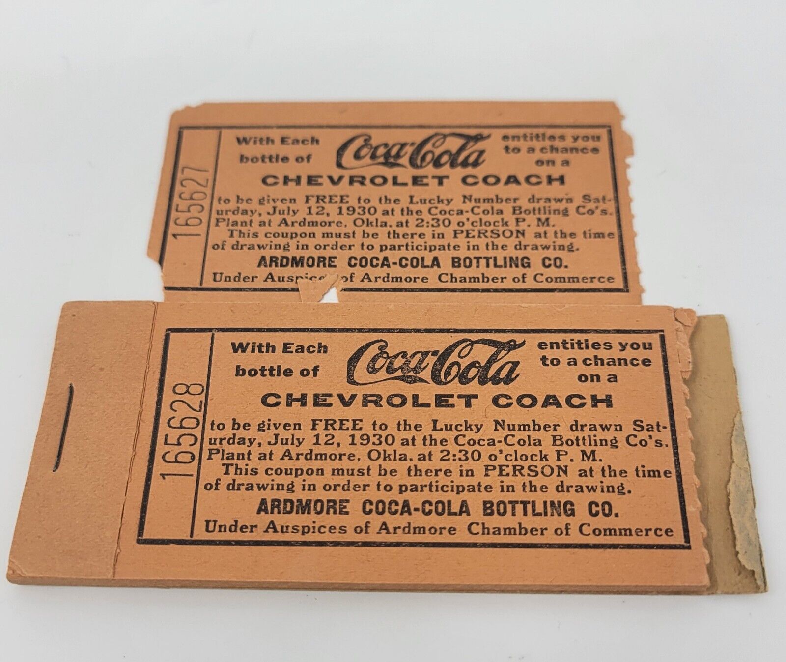 Coca-Cola Chevrolet Coach Raffle Tickets Book Of 22 Ardmore OK Bottling Co. 1930