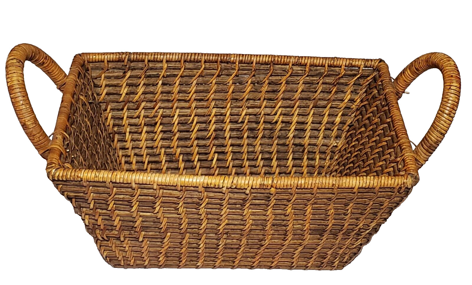 Vintage Wicker Woven Rectangular Basket With Wooden Handles Boho Chic Country