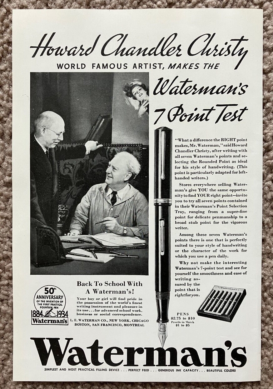 Vtg 1934 Waterman\'s Fountain Pen Howard Christy Art Décor 1930\'s Print Ad