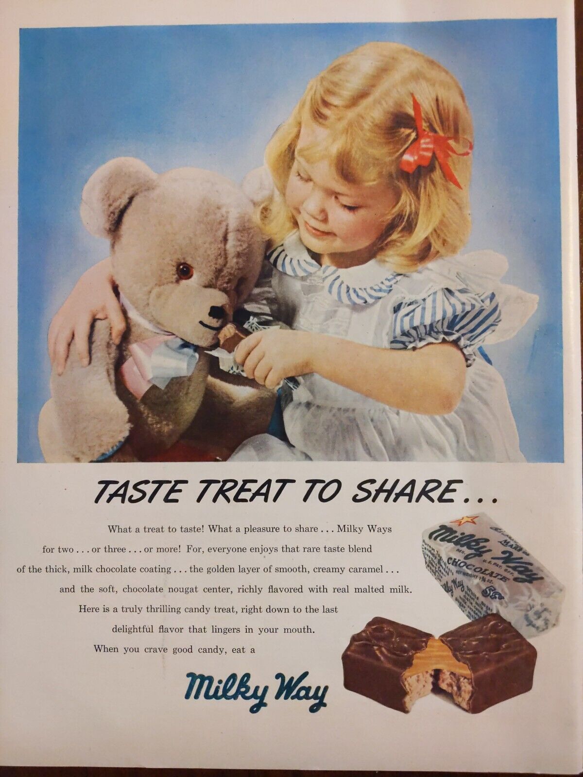 1948 vintage Milky Way print ad. Taste treat to share... Teddy bear