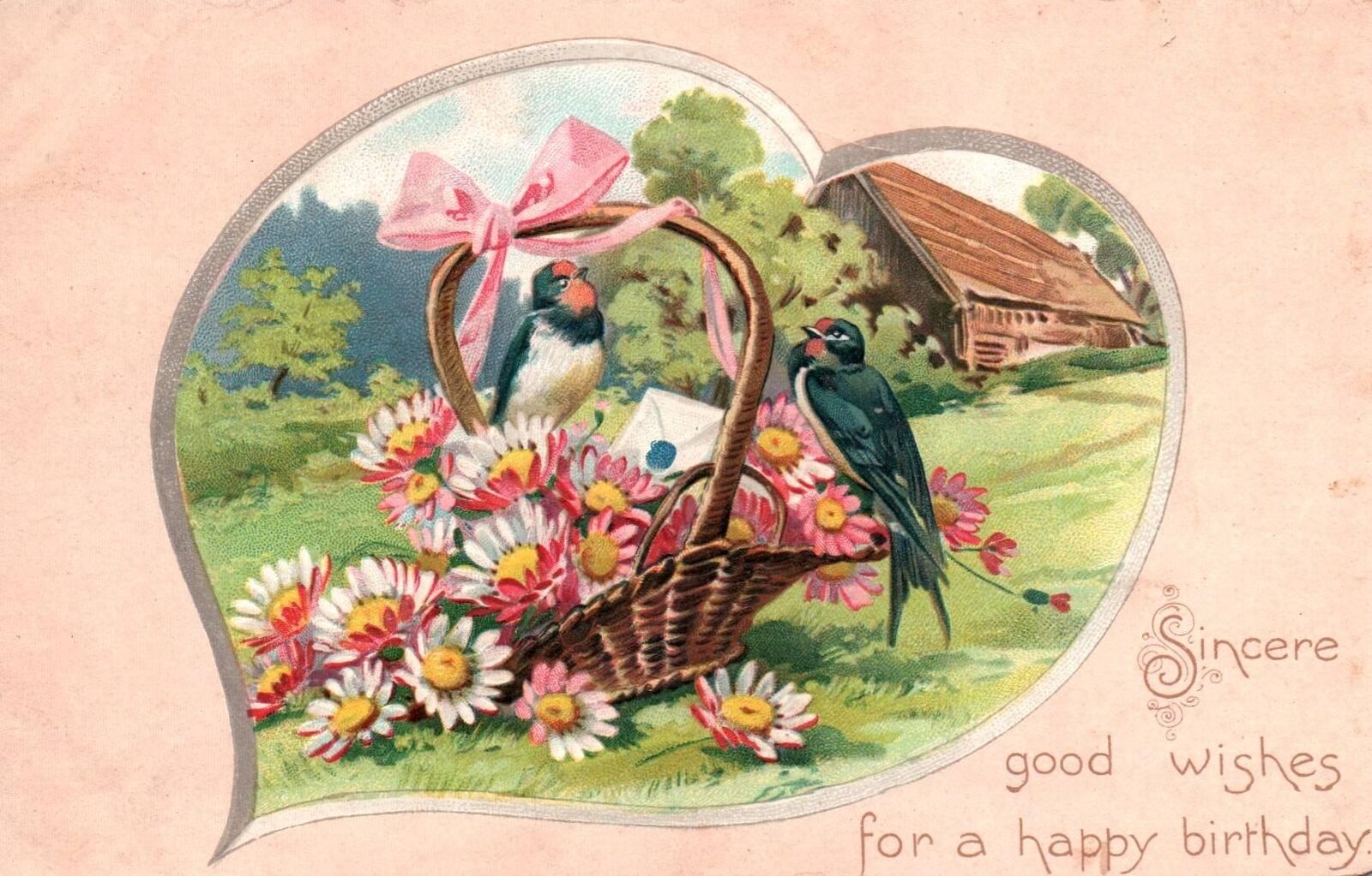 Lovely SWALLOWS/BIRDS, FLOWER BASKET on Beautiful TUCK Vintage BIRTHDAY Postcard
