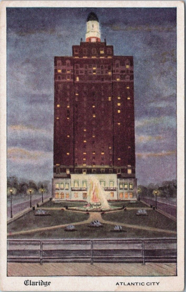 Claridge Hotel Atlantic City NJ Night View Fountain of Light c1930's Art