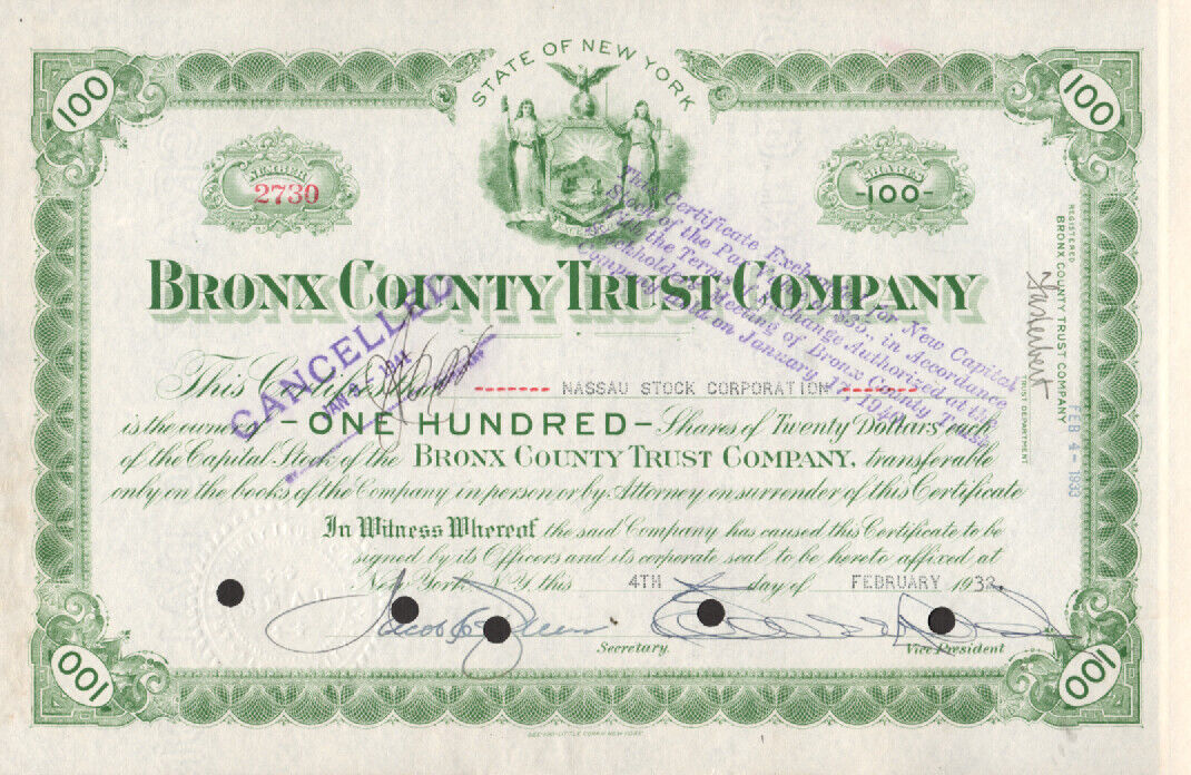 Bronx County Trust Company - Original Stock Certificate - 1932 - #2730