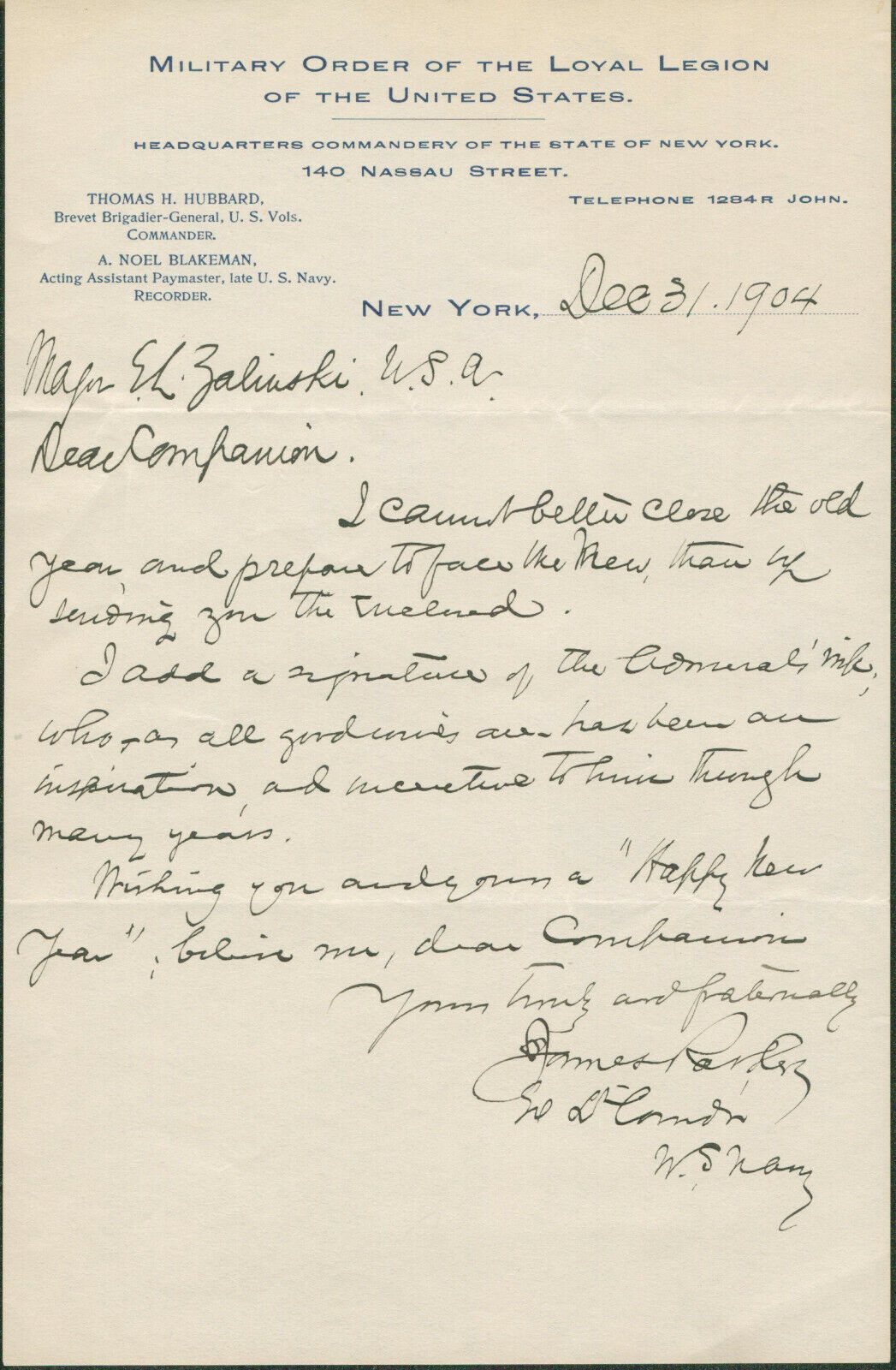 Commodore James P. Parker SIGNED AUTOGRAPHED Letter 1855-1942 Navy Loyal Legion