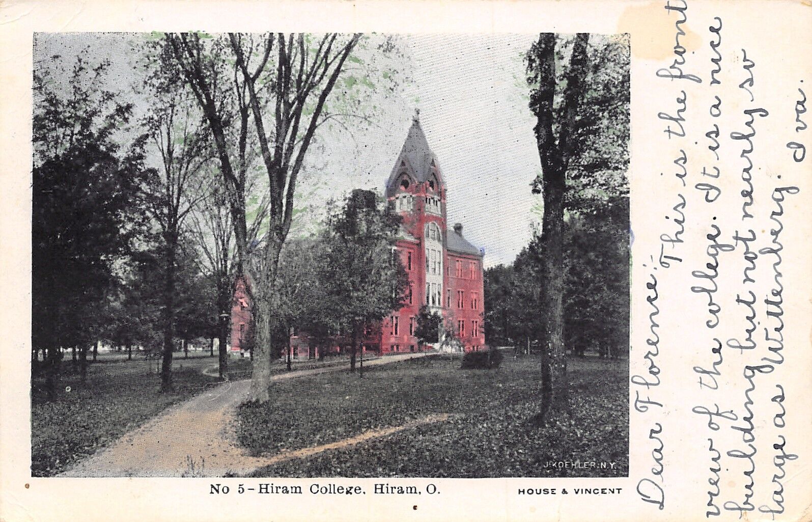 Hiram Ohio~Dirt Road to Hiram College~Front View~House & Vincent Publishers~1906