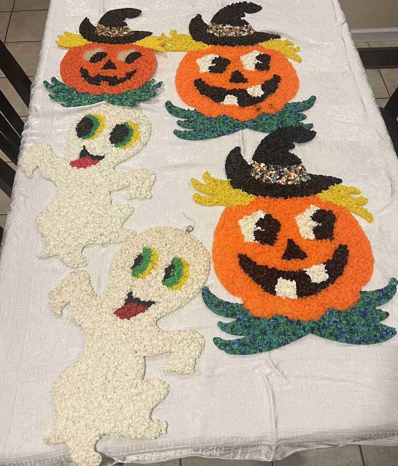 5 Large Vintage Lot Popcorn Melted Plastic Halloween Decorations Pumpkin Ghost