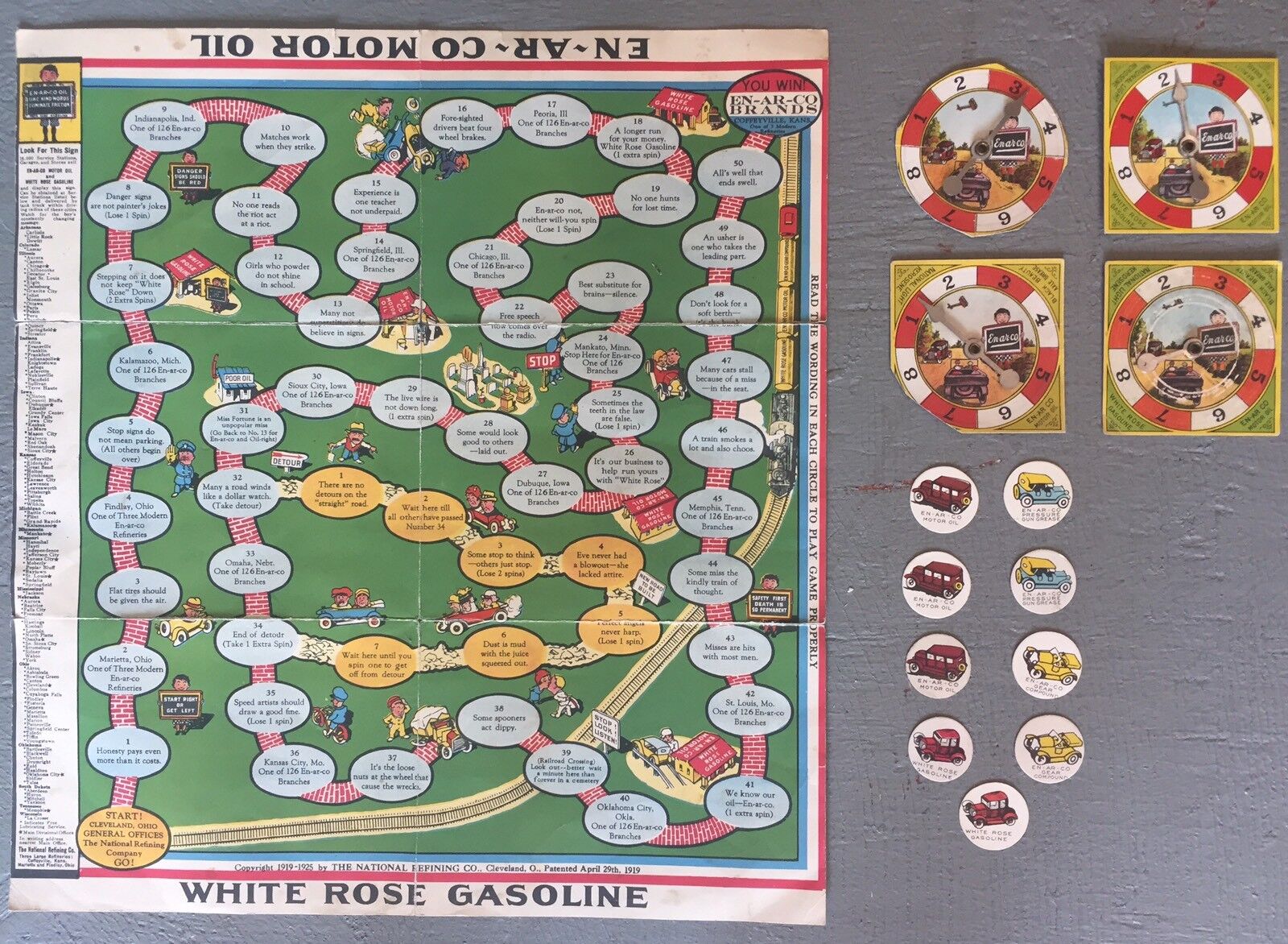 Antique 1925 WHITE ROSE Gasoline EN-AR-CO Motor Oil Auto Board Game With Extras