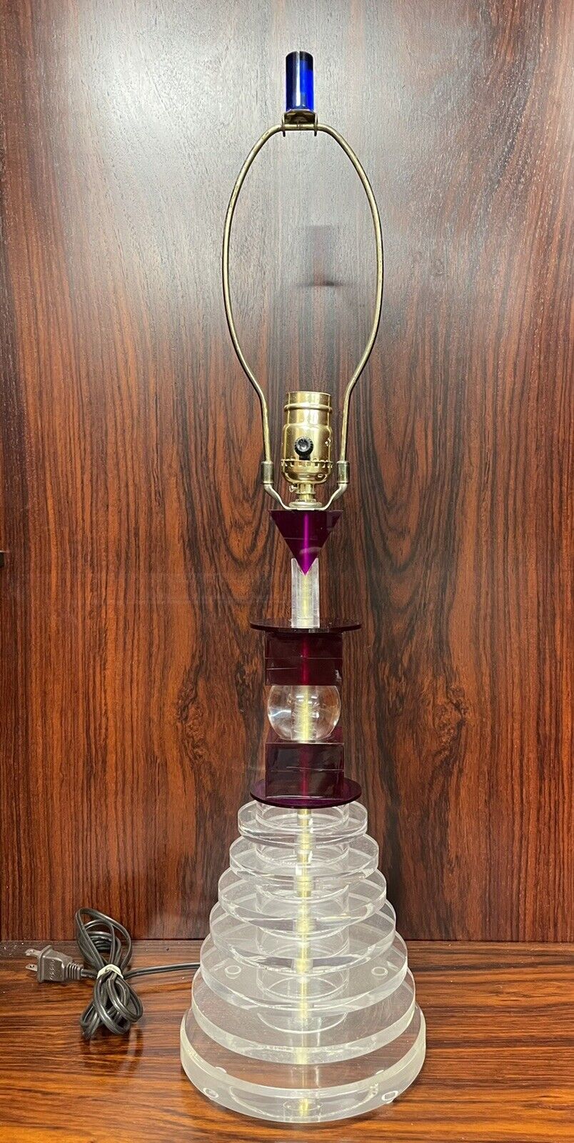Vintage Stacked Lucite Geometric Shapes Triangle Purple Table Lamp Post Modern
