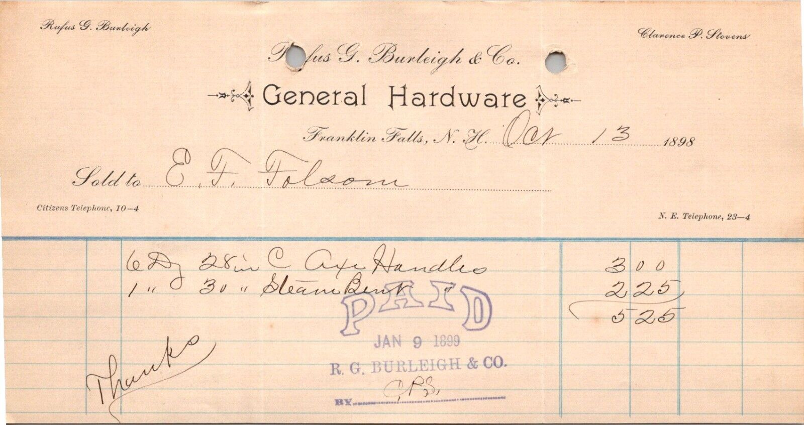 1899 RUFUS G BURLEIGH CO GENERAL HARDWARE BILLHEAD FRANKLIN FALLS NH CV365