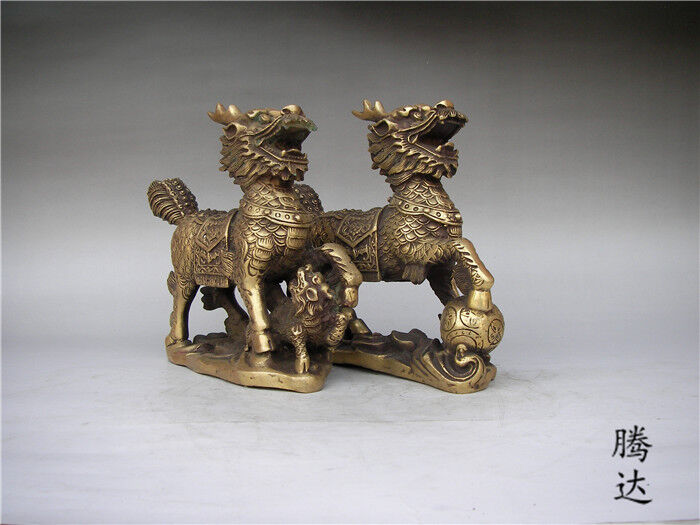 China Pure Brass Fengshui Dragon Kylin Qilin kirin Unicorn Beast Statue Pair