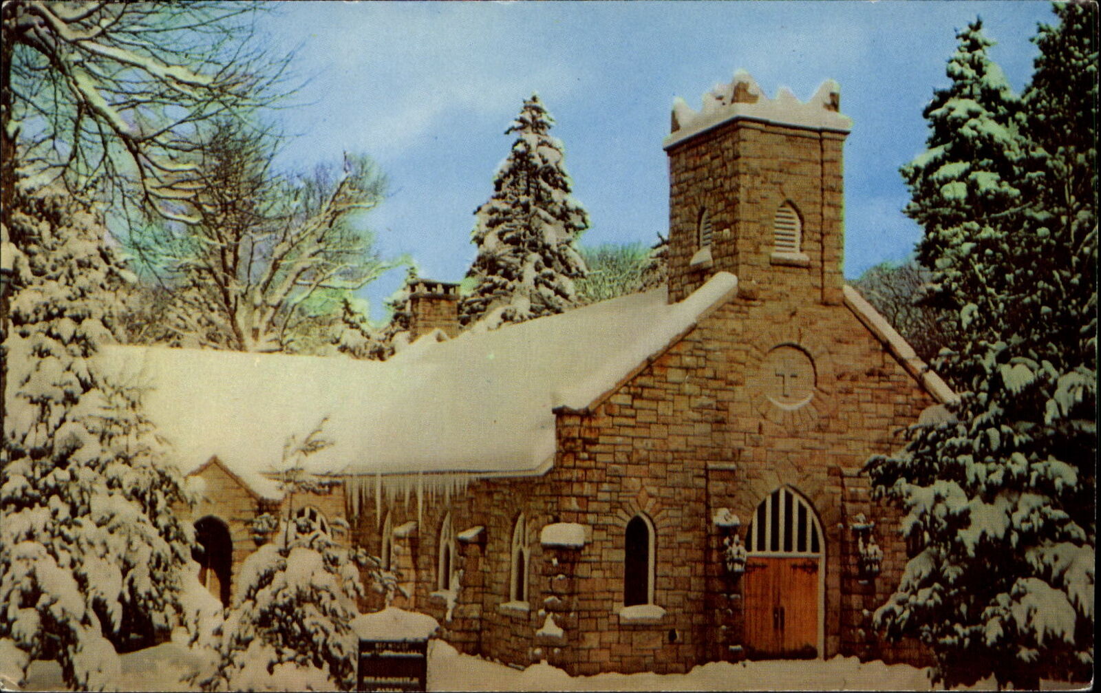 Big Moose Community Chapel New York ~ winter snow ~ 1950s ~ stone construction