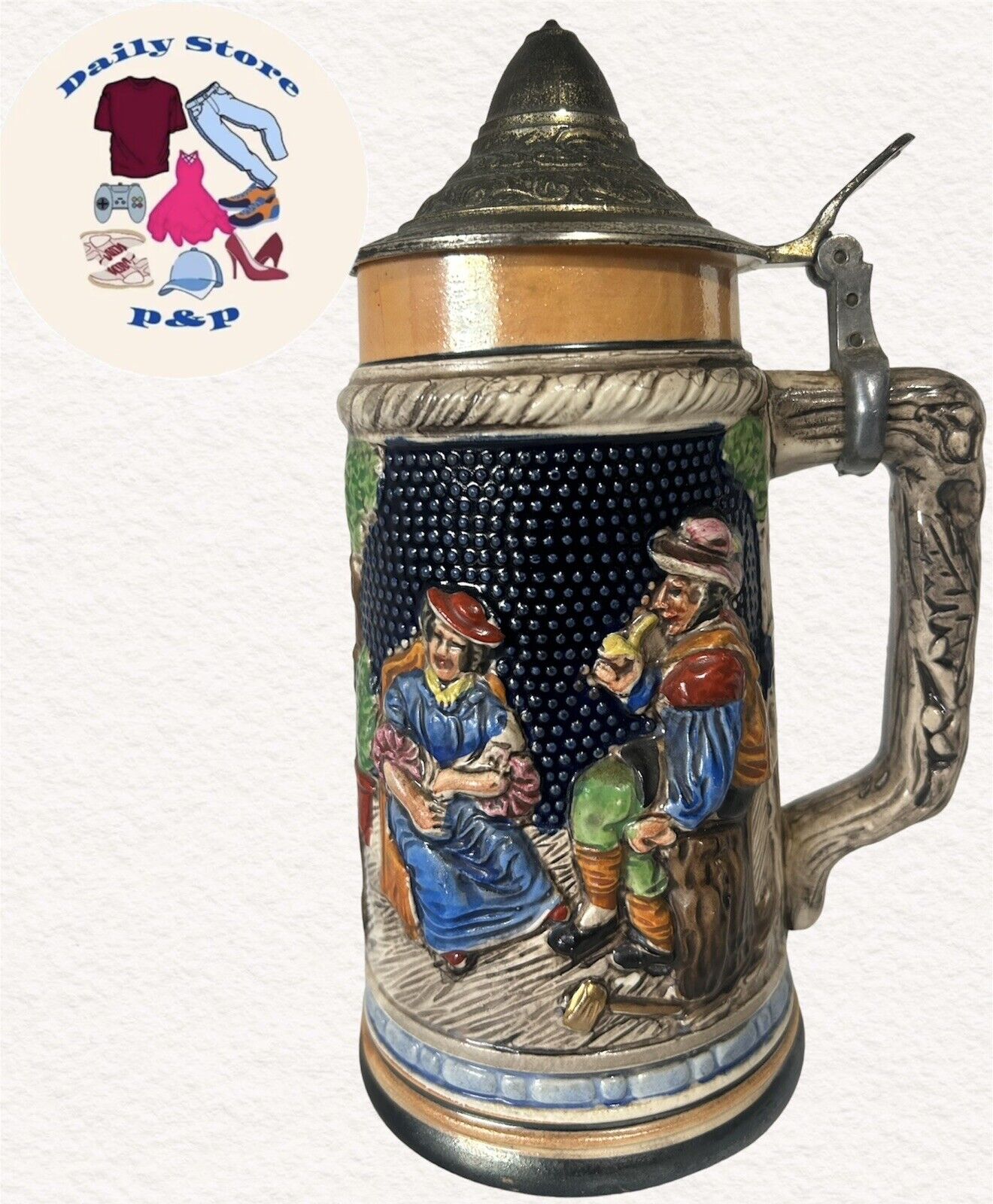 Vintage German Beer Stein With Lid Hand Painted Pre-Owned In Great Conditions