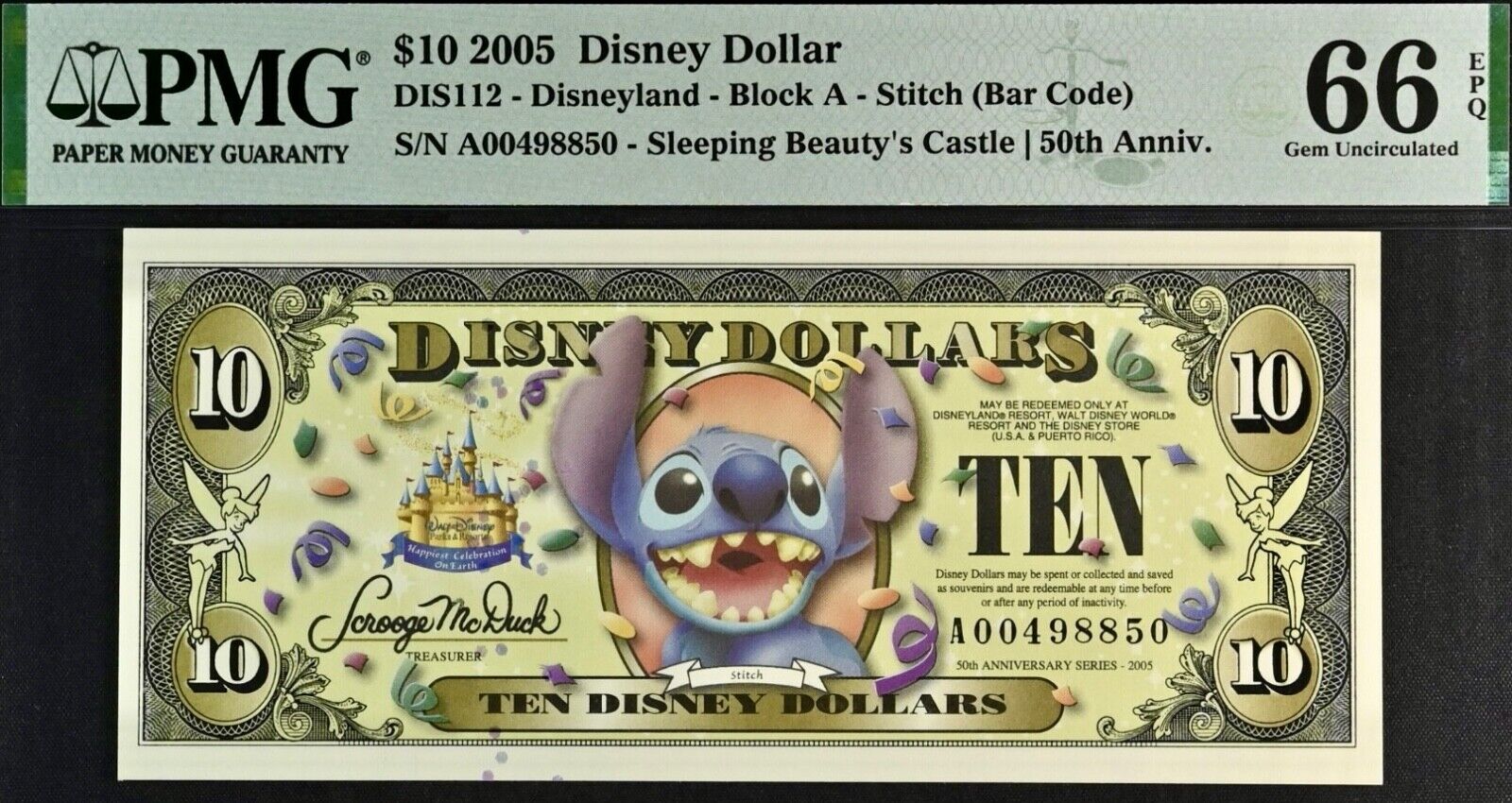 2005 $10 Disney Dollar Stitch  50th Anniversary PMG GEM 66 EPQ UNCIRCULATED